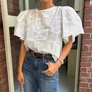 复古宽松短袖 新款 上衣 女夏季 良良家设计感重工刺绣蕾丝荷叶边衬衫