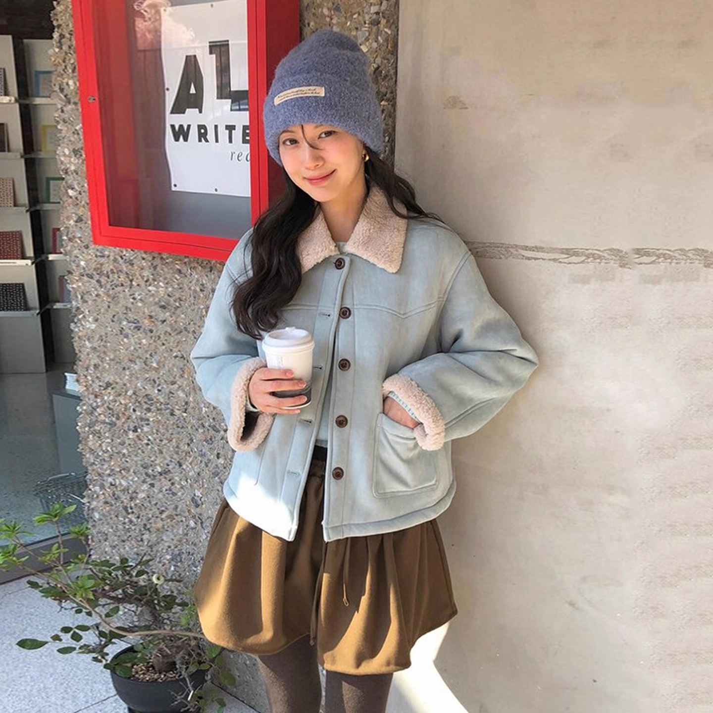 温柔风拼接皮毛一体麂皮绒外套