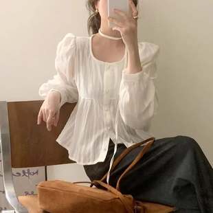 温柔风挂脖飘带纯色圆领单排扣衬衫 新款 女小个子衬衣 春季 良良家