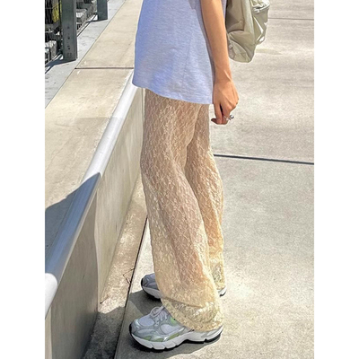 立体蕾丝拼接带内衬网纱喇叭裤女