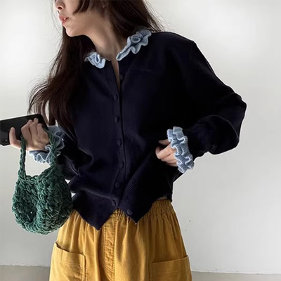 小众设计感撞色拼接木耳边毛衣女