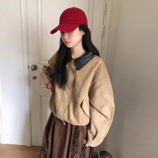 百搭棒球服上衣 新款 美式 复古撞色翻领麂皮绒夹克短外套女2025秋季