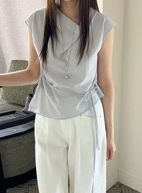 缎面荡领绑带收腰吊带背心上衣女