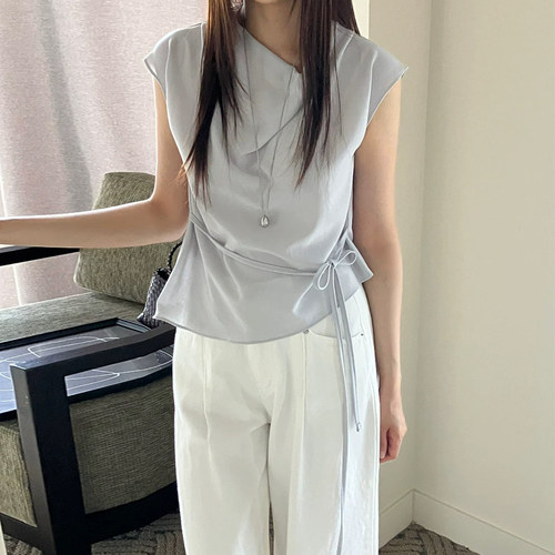 缎面荡领绑带收腰吊带背心上衣女