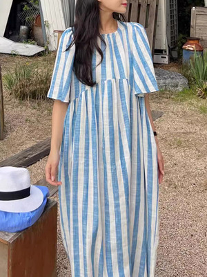 小众慵懒风撞色条纹短袖连衣裙女