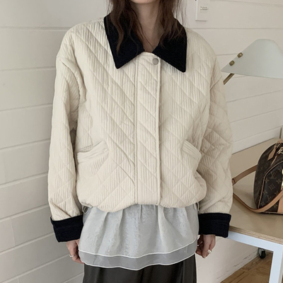 撞色翻领菱形格纹灯芯绒外套