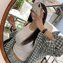 韩国chic早秋复古新款 外套女 翻领单排扣百搭宽松长袖 格子防晒衬衫