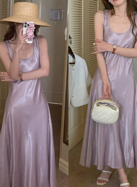 韩国chic夏季法式优雅U领光泽感收腰显瘦过膝长款背心连衣裙女