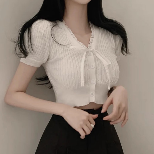 系带修身百搭短款冰丝针织衫上衣