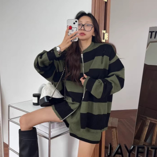 休闲短裤 新款 两件套 设计感破洞条纹卫衣外套女2025秋季 休闲套装