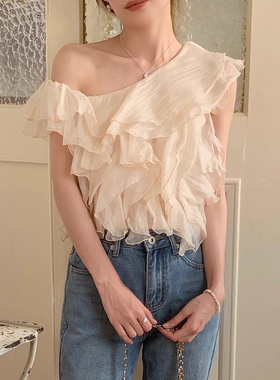 韩国chic夏季小众设计感斜领露肩拼接不规则荷叶边短款褶皱衬衫女
