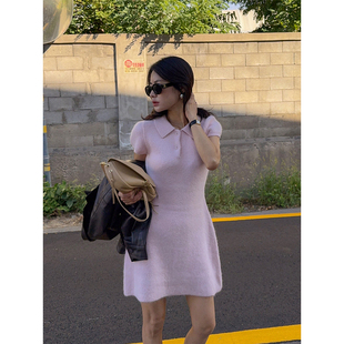 良良家减龄POLO领泡泡袖针织连衣裙女秋冬新款修身显瘦打底短裙子