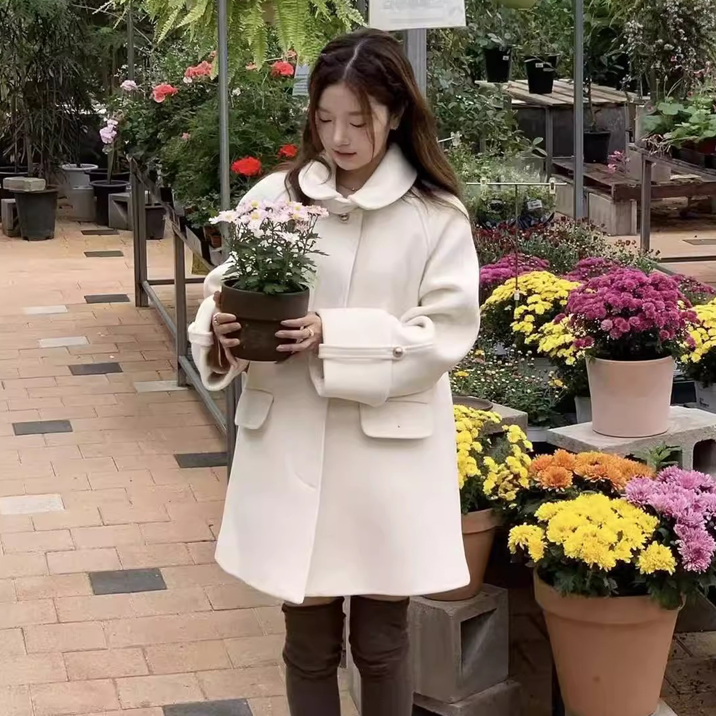 温柔风翻领一粒扣毛呢外套大衣