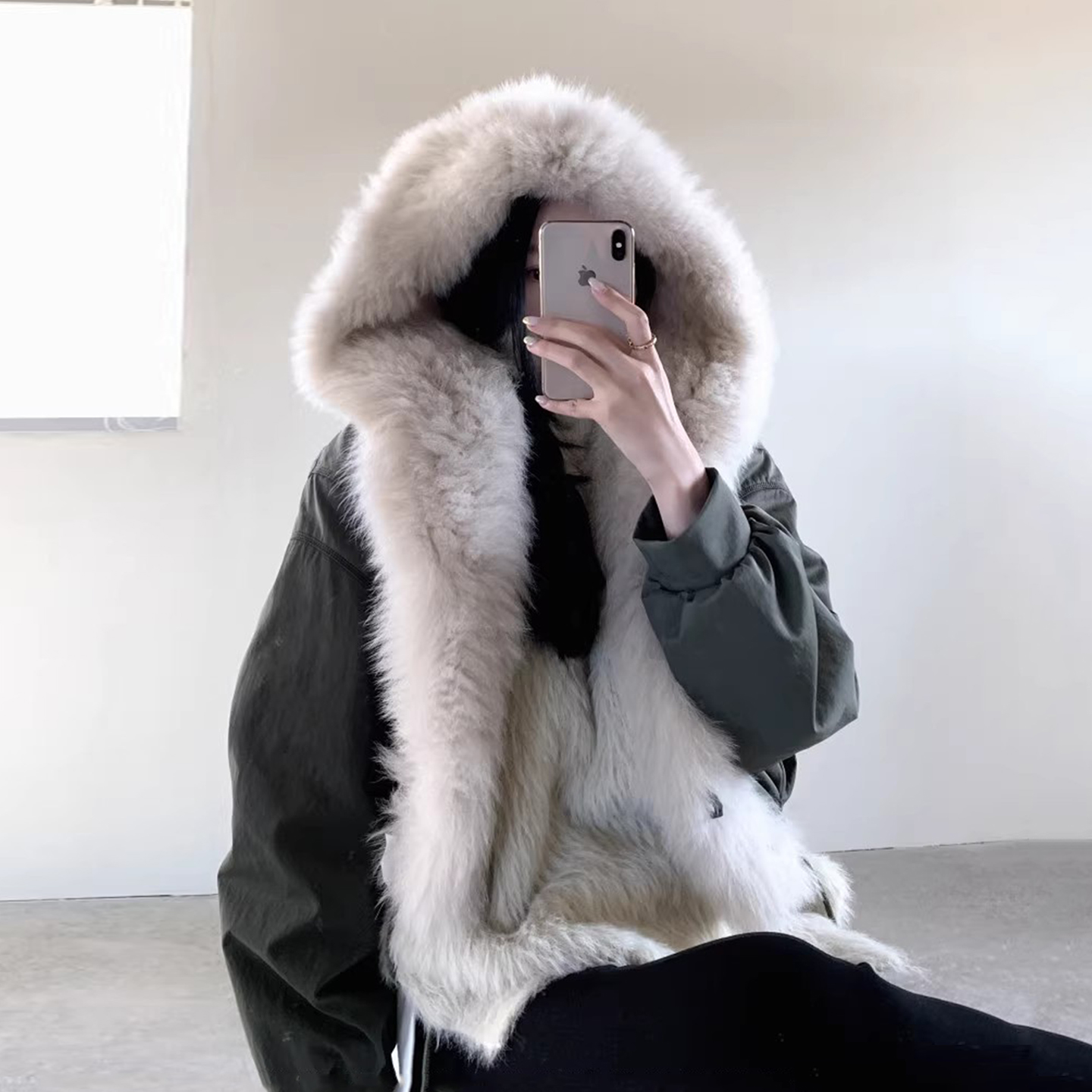 仿狐狸毛大毛领派克服皮草外套