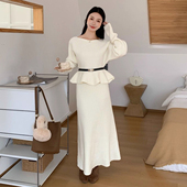 法式 一字领坑条拼接裙摆针织毛衣女2025冬季 高腰显瘦半身裙两件套