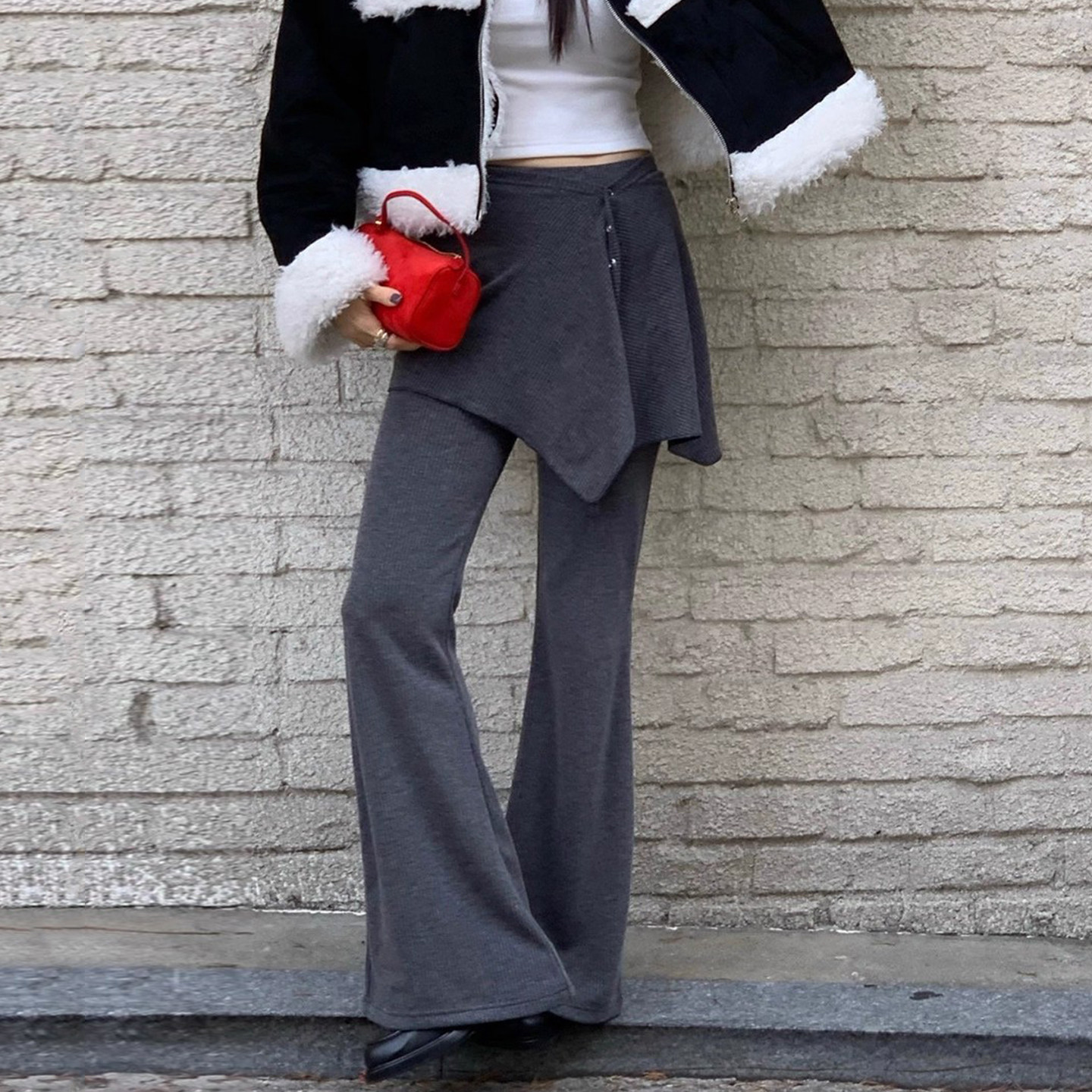 时尚套装高腰显瘦微喇裤长裤女2025冬季新款不规则暗扣叠穿半身裙,女装/女士精品,时尚套装,淘宝优惠券,粉丝福利购,淘宝优惠卷