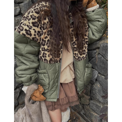 设计感拼接豹纹提花棉衣外套