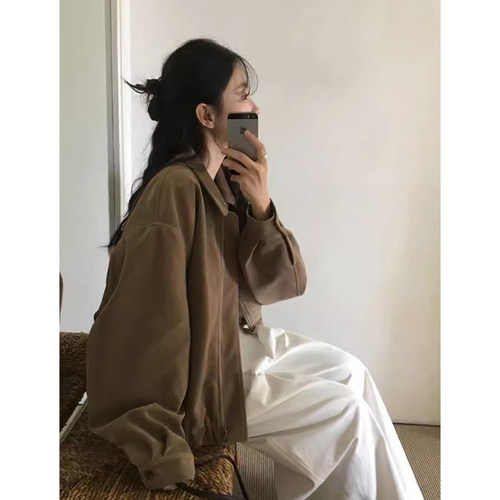 休闲仿鹿皮绒百搭长袖拉链式外套