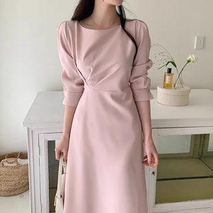 韩国chic秋季 连衣裙女 优雅减龄圆领皱褶设计收腰显瘦纯色A字长袖