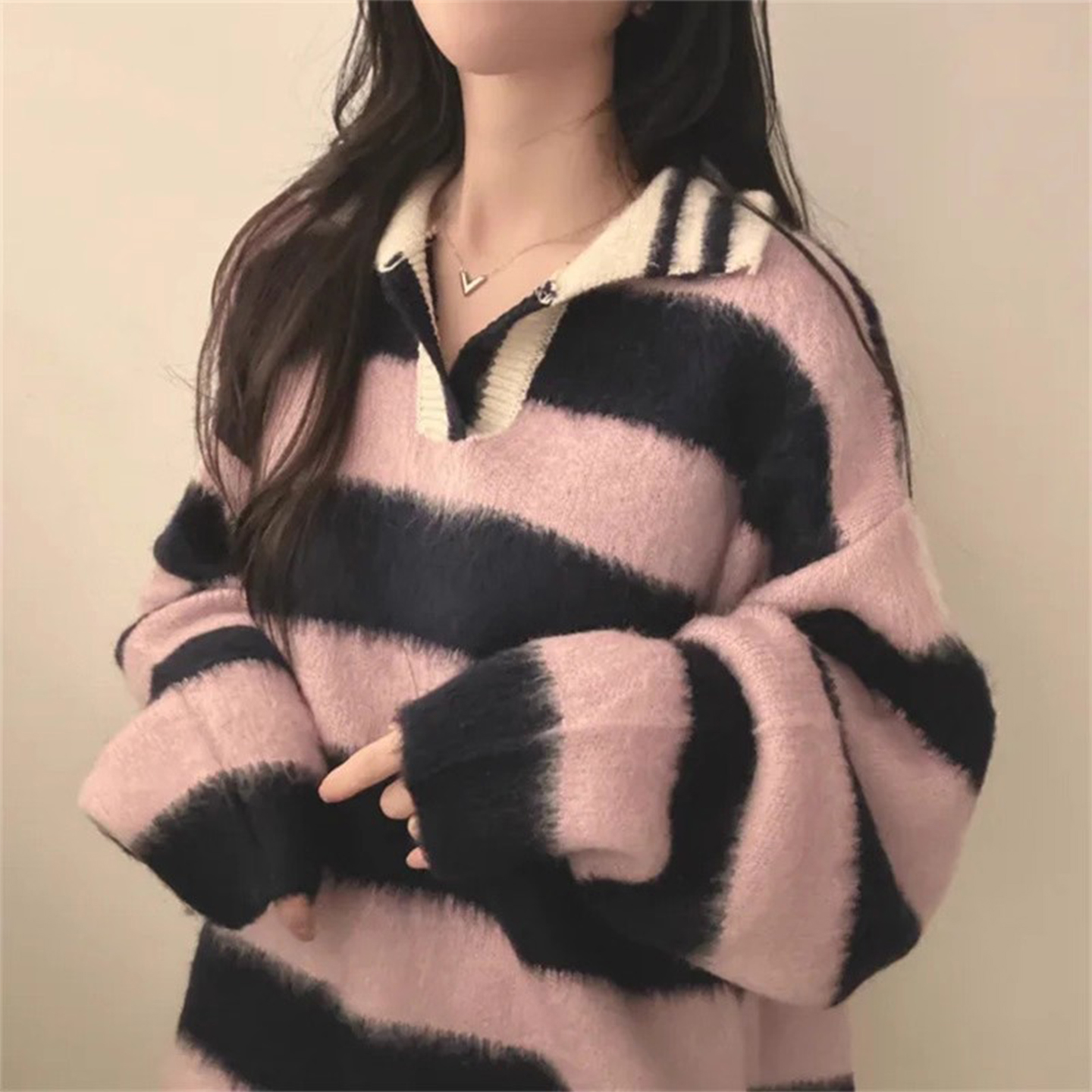 复古慵懒马海毛条纹毛衣女