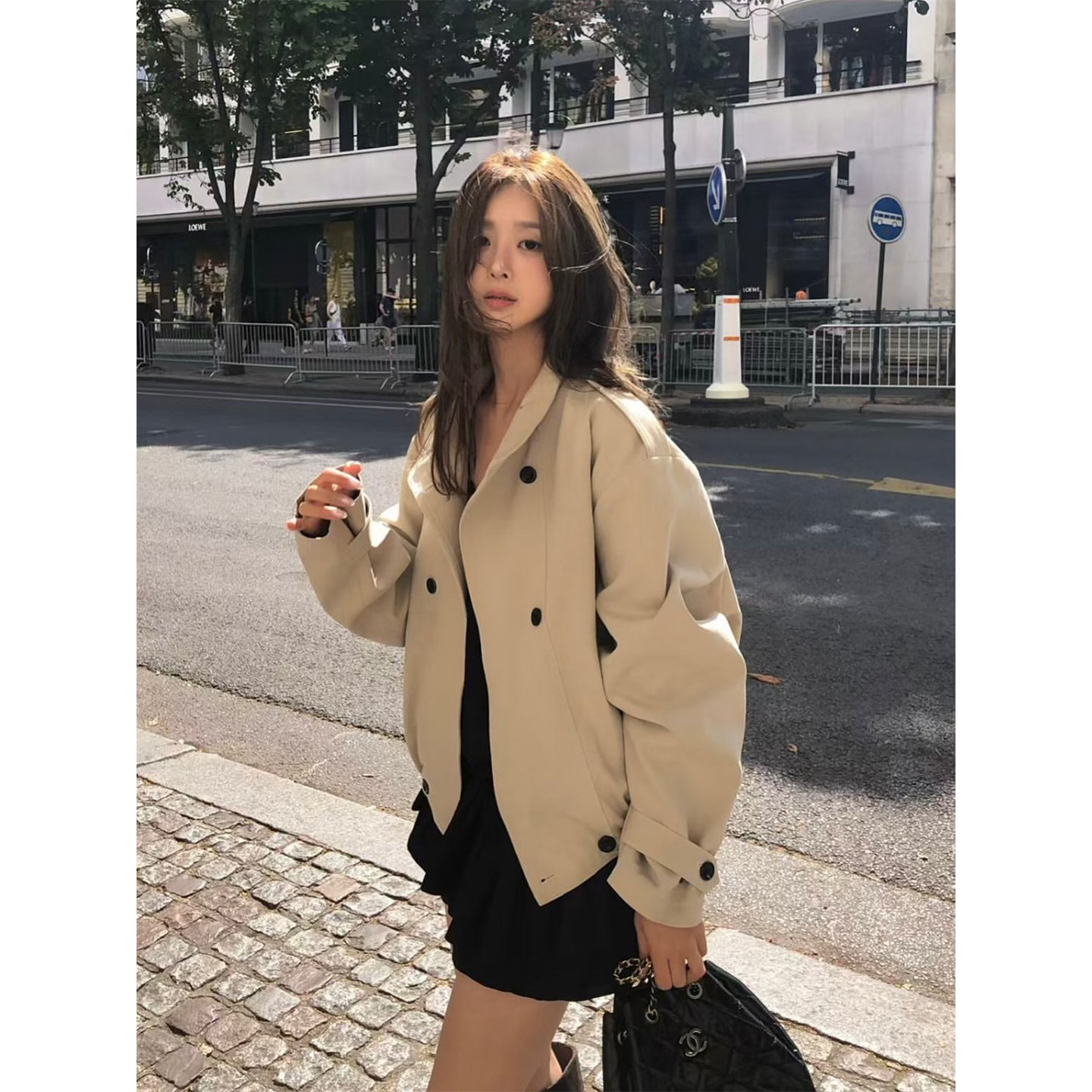 良良家韩版卡其色短款风衣外套女秋季新款宽松廓形小个子夹克上衣