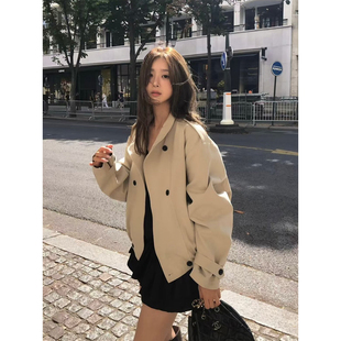 良良家韩版卡其色短款风衣外套女秋季新款宽松廓形小个子夹克上衣