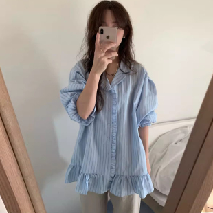 衬衫 良良家 甜美风长袖 新款 裙 设计感木耳边拼接条纹连衣裙女春季