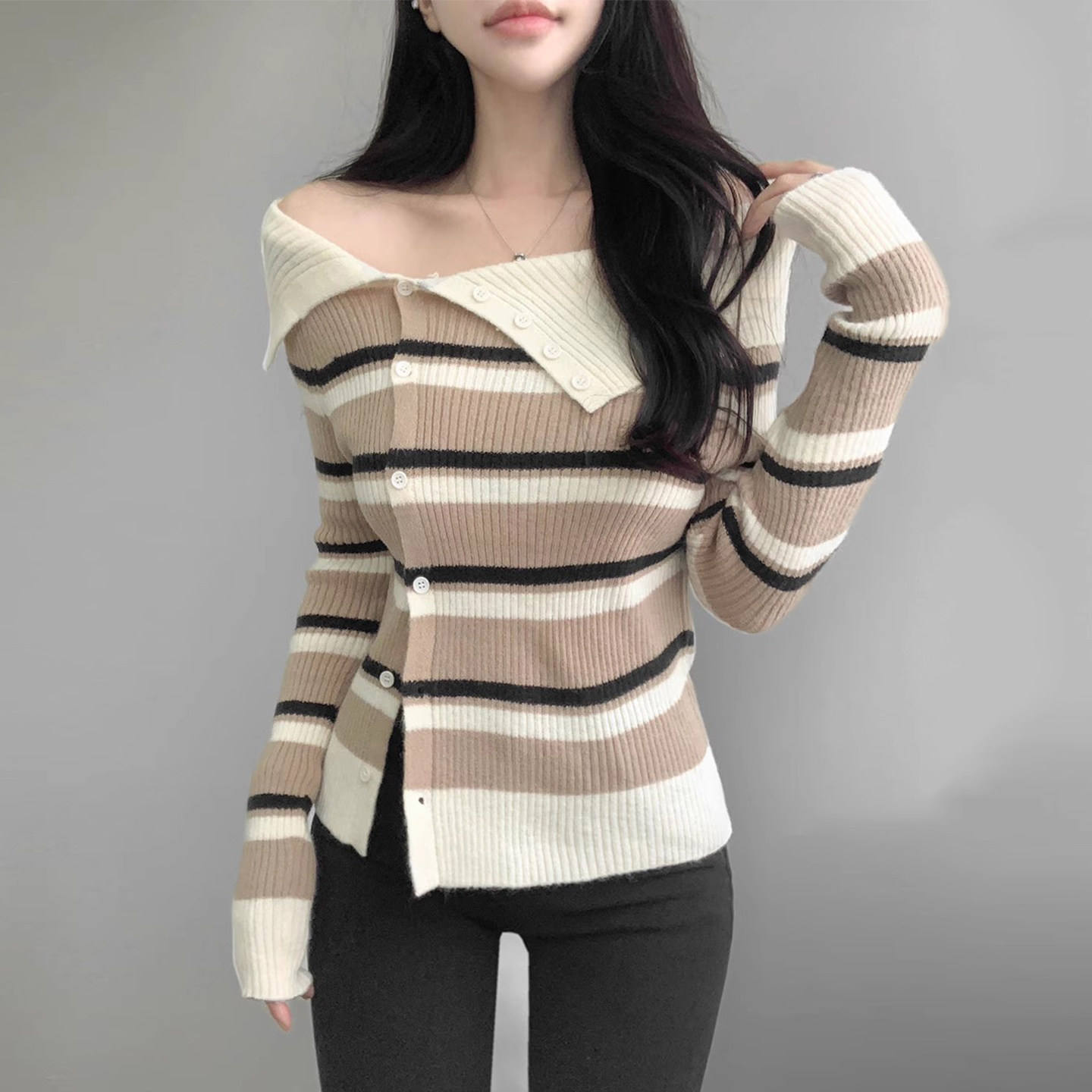 纯欲风辣妹一字肩斜襟条纹针织衫外套女2025冬季新款修身显瘦毛衣,女装/女士精品,毛针织衫,淘宝优惠券,粉丝福利购,淘宝优惠卷