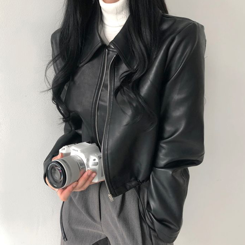 韩国chic秋季帅气翻领拉链宽松BF风休闲短款小个子机车服皮衣外套