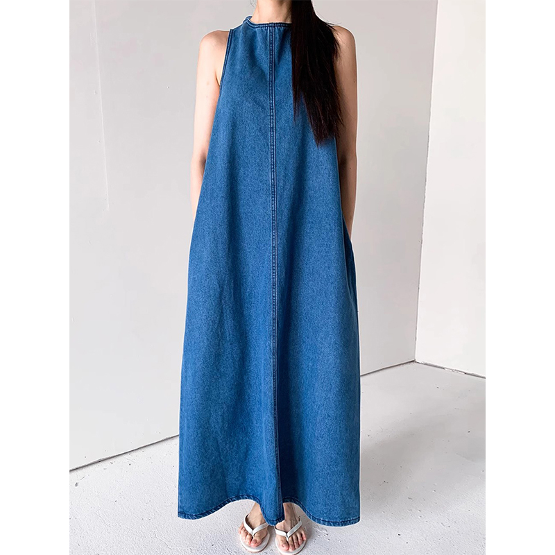 后背镂空绑带宽松牛仔背心连衣裙