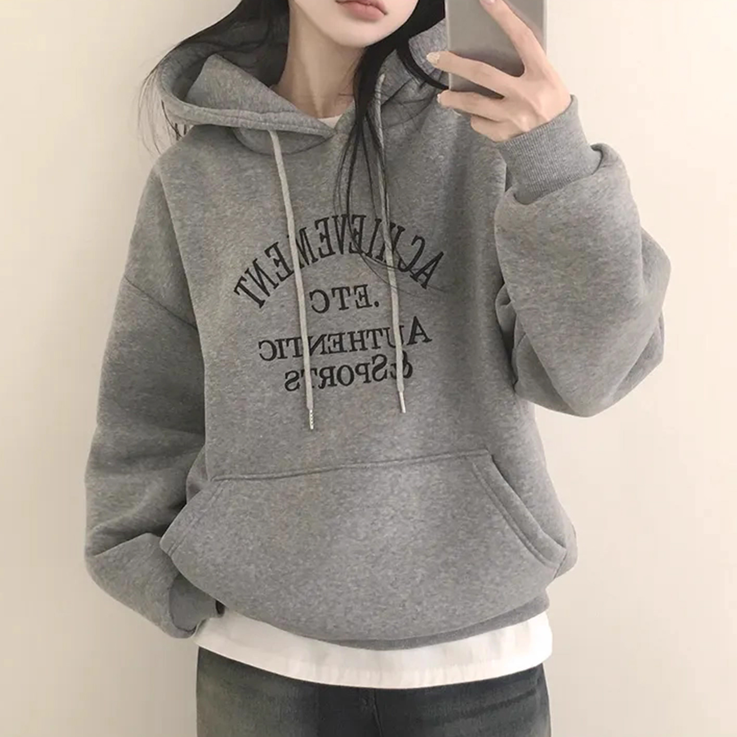 复古刺绣字母印花连帽卫衣外套女2025冬季新款大口袋宽松休闲上衣