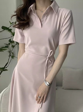 POLO领纯色绑带收腰短袖连衣裙女