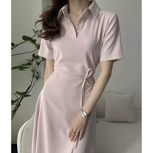 POLO领纯色绑带收腰短袖连衣裙女