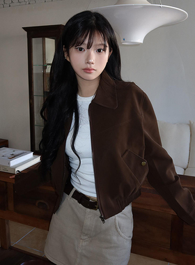 韩国chic秋季新款法式复古风翻领口袋宽松百搭短款长袖夹克外套女