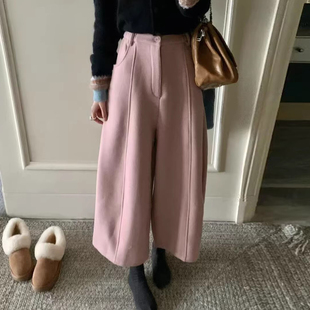 子 气质高腰百搭休闲八分裤 甜美风纯色口袋加绒毛呢阔腿裤 女秋冬季