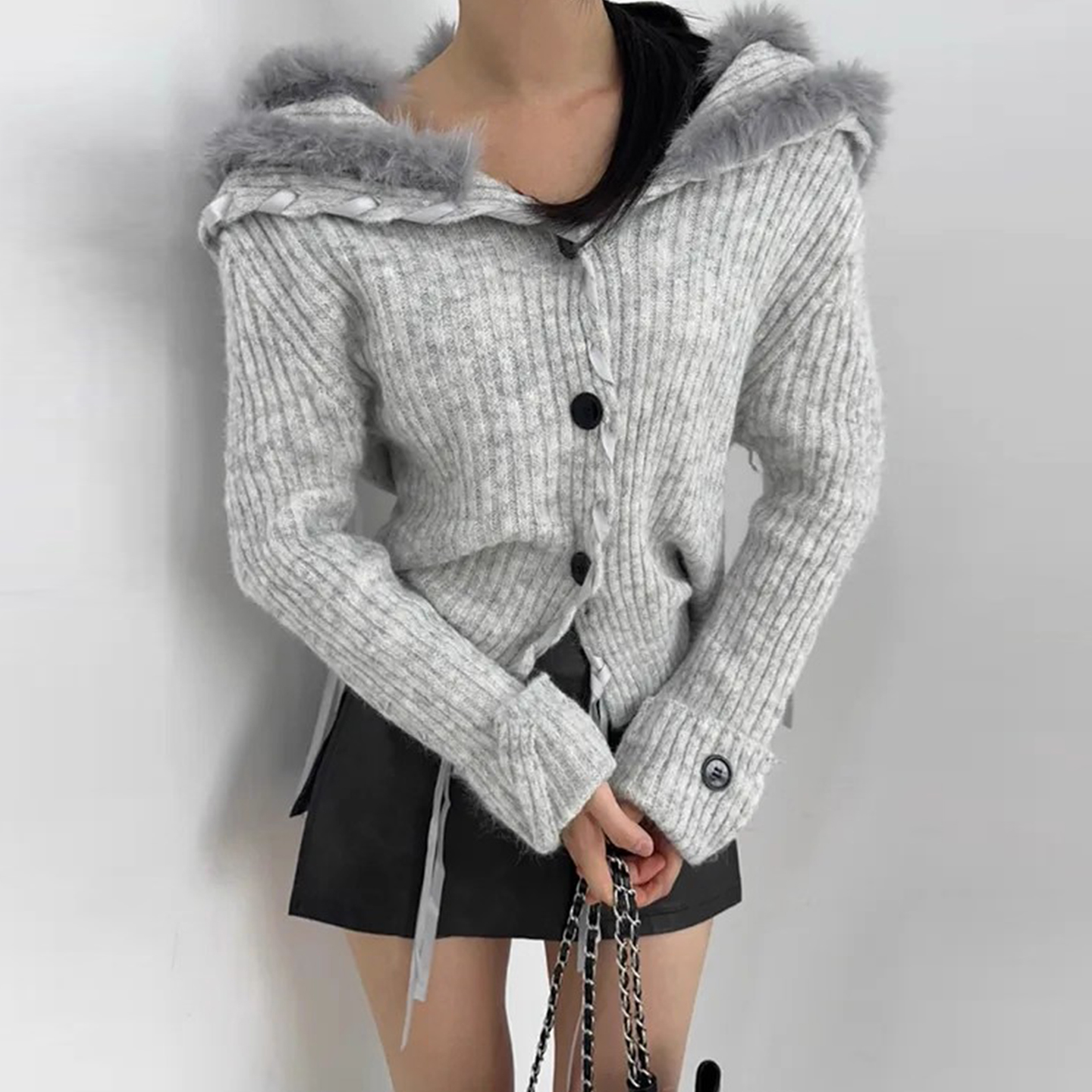 拼接毛毛翻领织带编织针织毛衣