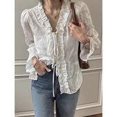 衬衫 减龄V领刺绣钩花拼接木耳边百搭系带长袖 女 法式 韩国chic春季