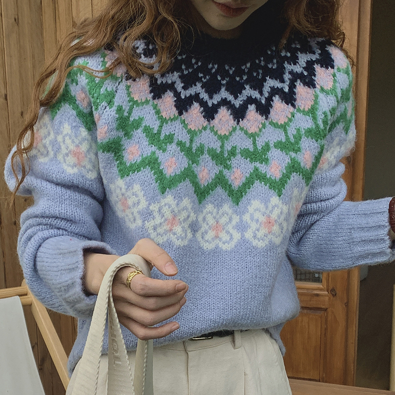 提花设计宽松百搭长袖针织毛衣