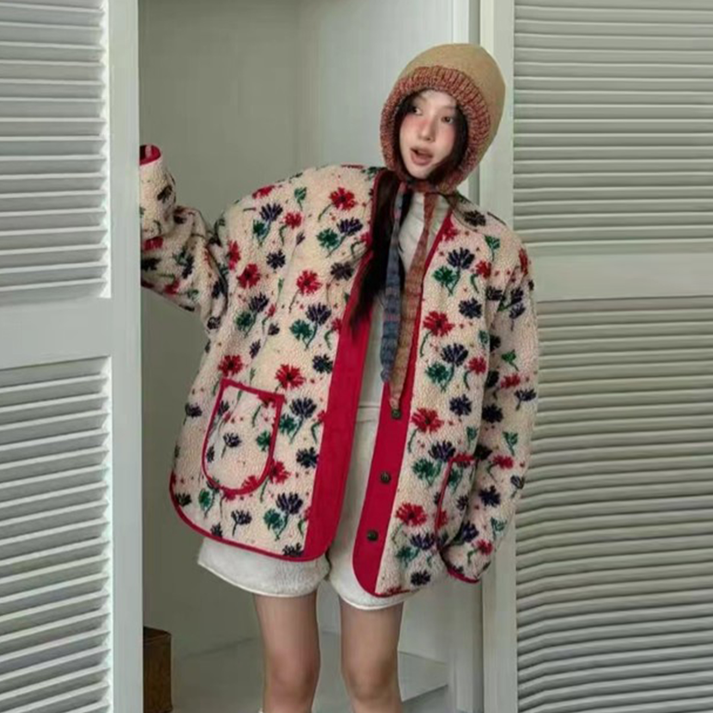 两面穿撞色提花棉服短外套