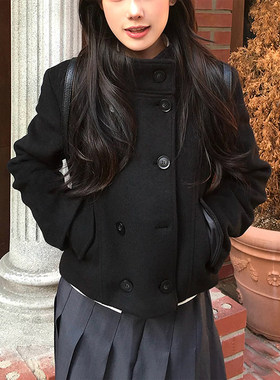 复古学院风双排扣短款毛呢外套女