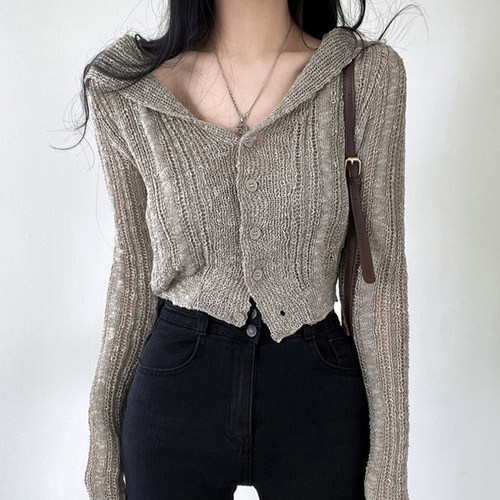 chic海军领单排扣长袖短针织衫女