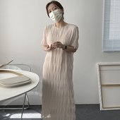 韩国chic夏季 雪纺连衣裙女 短袖 法式 小众圆领压褶肌理感宽松长款