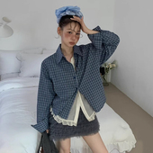 韩国chic秋季 女 格子衬衫 新款 小众复古撞色拼接假两件木耳花边长袖