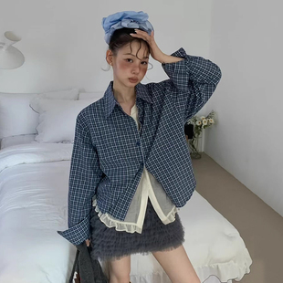 韩国chic秋季新款小众复古撞色拼接假两件木耳花边长袖格子衬衫女