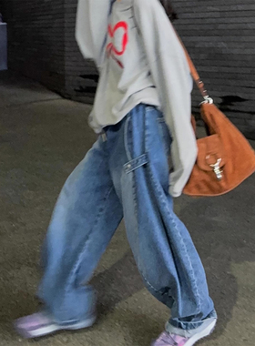 韩国chic春季小众设计挂扣水洗阔腿牛仔裤女高腰显瘦拖地长裤子