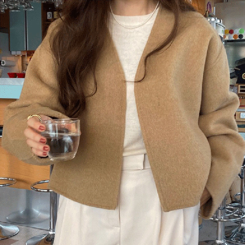 韩国chicV领纯色长袖毛呢外套女