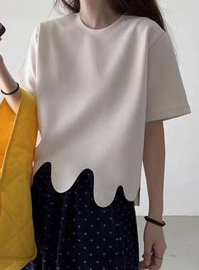 韩国chic夏季小众设计感圆领不规则波浪花纹宽松百搭短袖T恤上衣