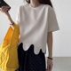 韩国chic夏季 小众设计感圆领不规则波浪花纹宽松百搭短袖 T恤上衣