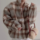 韩国chic秋冬小众气质立领毛茸茸撞色格纹宽松百搭长袖 毛呢卫衣女