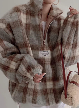韩国chic秋冬小众气质立领毛茸茸撞色格纹宽松百搭长袖毛呢卫衣女